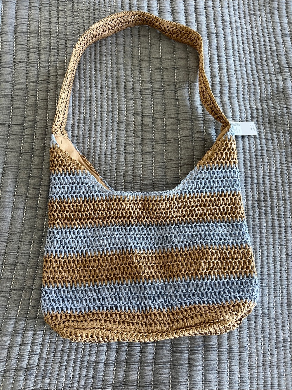 Woven Stripe Raffia Shoulder Bag in Natural and Light Blue - Picture 3 of 10